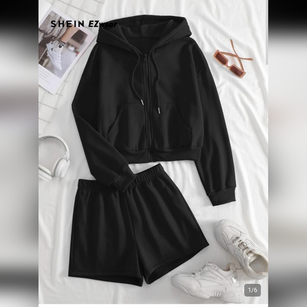 SHEIN EZwear beige Cropped Hoodie & Shorts Set (2 pc set)